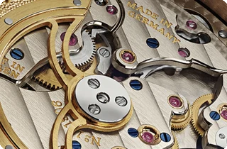 Macro of watch movement bridges and jewels
